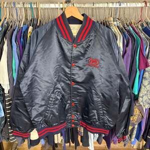 Vintage 80s Pyramid ESPN The Total Sports Network Navy Blue Satin Bomber Jacket
